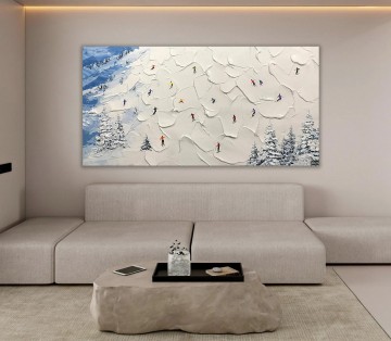 150の主題の芸術作品 Painting - パレットナイフのウォールアートミニマリズムによる雪山のスキーヤー